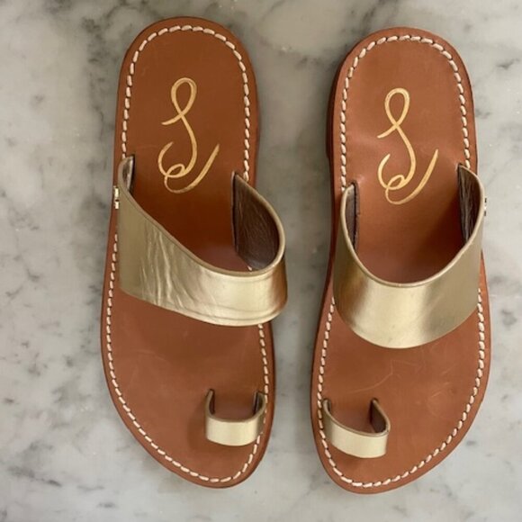 SAM EDELMAN Maxy Gold Slip On Toe Ring Leather Flat Slides Sandal 6 - Picture 3 of 15